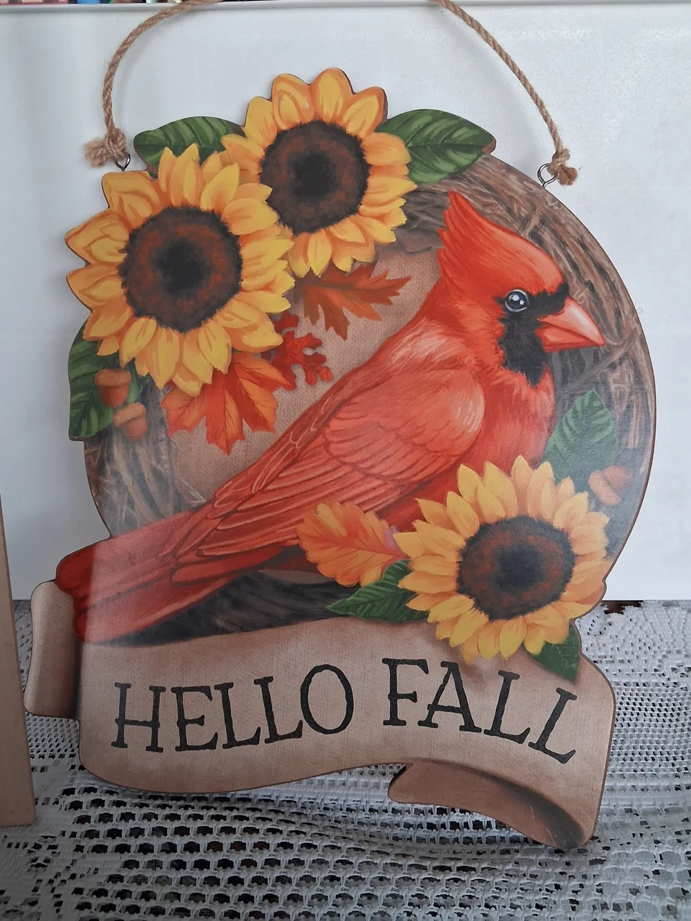 Reversible Hello Fall/Christmas Cardinal Wall Decor - Sunflower Accent